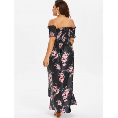 Plus Size Floral Print Empire Waist Dress (BLACK)
