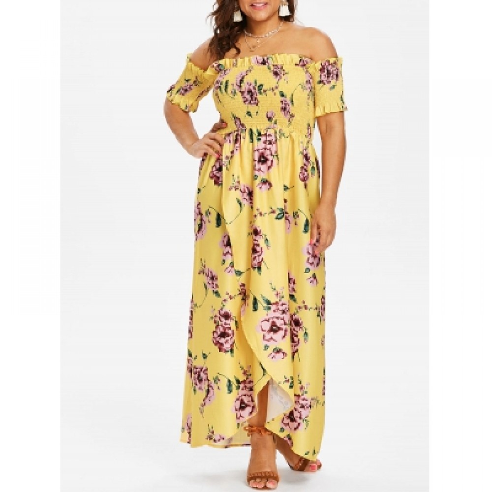 PLUS SIZE FLORAL PRINT EMPIRE WAIST DRESS (YELLOW)