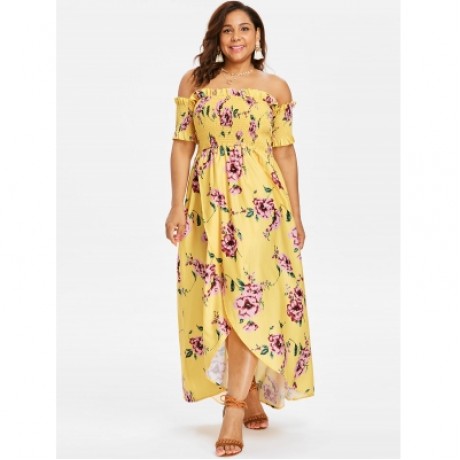 PLUS SIZE FLORAL PRINT EMPIRE WAIST DRESS (YELLOW)