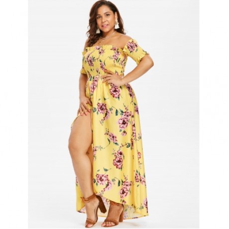 PLUS SIZE FLORAL PRINT EMPIRE WAIST DRESS (YELLOW)