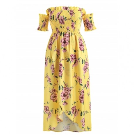 PLUS SIZE FLORAL PRINT EMPIRE WAIST DRESS (YELLOW)