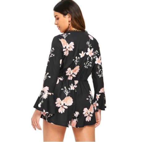 Floral Print Flare Sleeve Romper (BLACK)