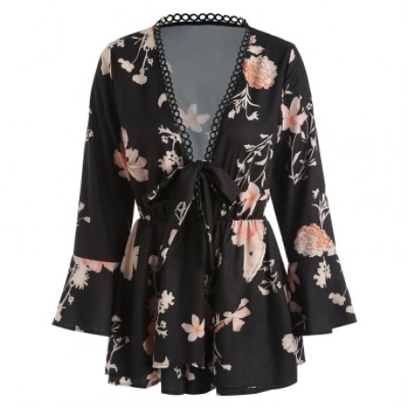 Floral Print Flare Sleeve Romper (BLACK)