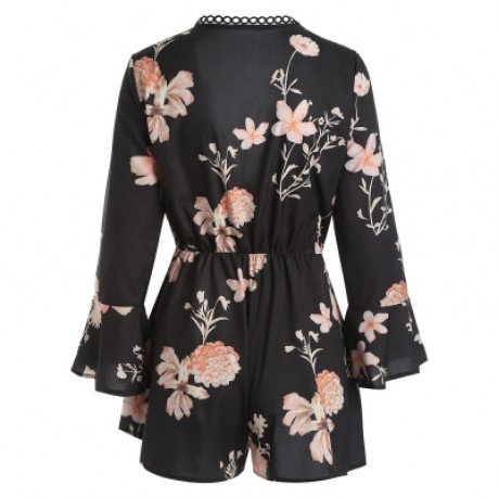 Floral Print Flare Sleeve Romper (BLACK)