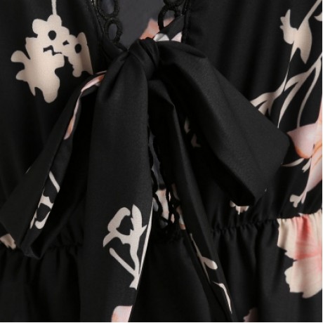 Floral Print Flare Sleeve Romper (BLACK)
