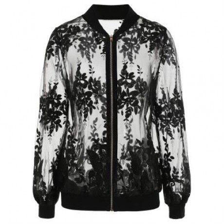 FLORAL EMBROIDERED MESH BOMBER JACKET (BLACK)
