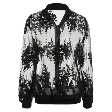 FLORAL EMBROIDERED MESH BOMBER JACKET (BLACK)