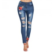 Slim Fit Destroyed Jeans with Embroidery (DENIM DARK BLUE)