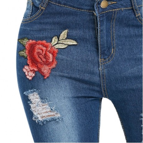 Slim Fit Destroyed Jeans with Embroidery (DENIM DARK BLUE)