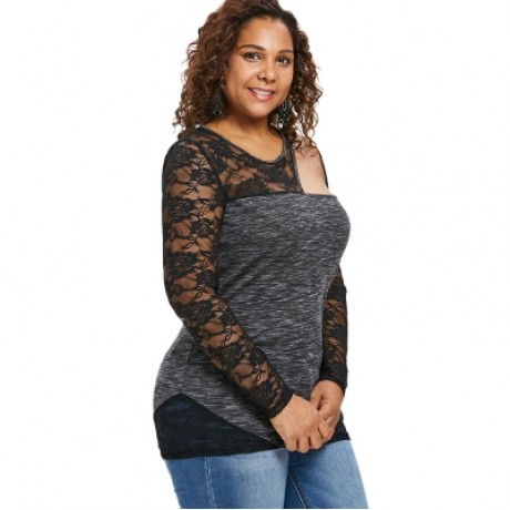 Plus Size Cutout Sheer Lace Trim T-shirt (BLACK)