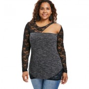 Plus Size Cutout Sheer Lace Trim T-shirt (BLACK)