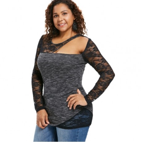 Plus Size Cutout Sheer Lace Trim T-shirt (BLACK)