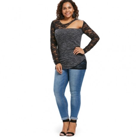 Plus Size Cutout Sheer Lace Trim T-shirt (BLACK)