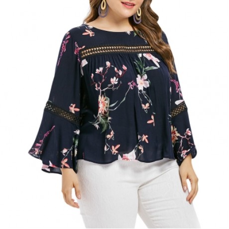 Plus Size Lace Insert Floral Blouse  (CADETBLUE)