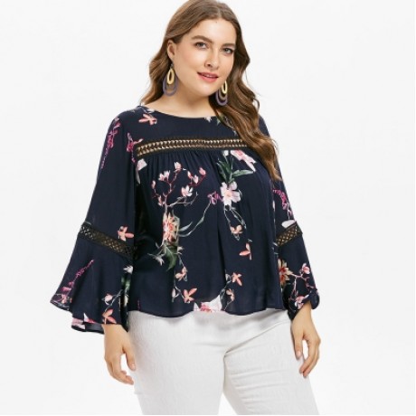 Plus Size Lace Insert Floral Blouse  (CADETBLUE)