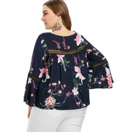 Plus Size Lace Insert Floral Blouse  (CADETBLUE)