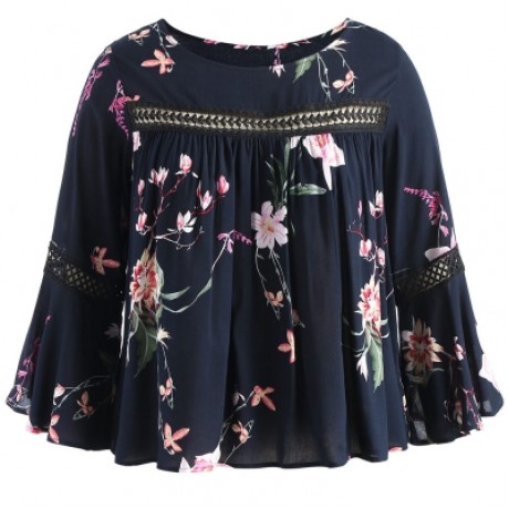 Plus Size Lace Insert Floral Blouse  (CADETBLUE)