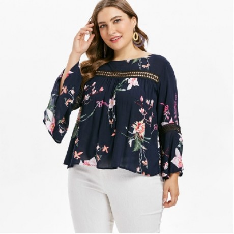 Plus Size Lace Insert Floral Blouse  (CADETBLUE)
