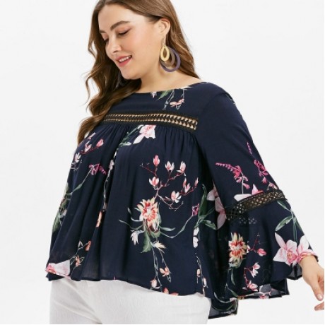 Plus Size Lace Insert Floral Blouse  (CADETBLUE)
