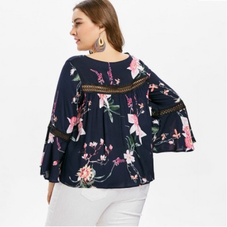 Plus Size Lace Insert Floral Blouse  (CADETBLUE)