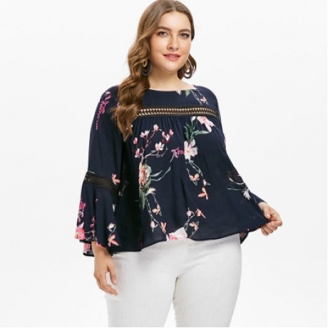 Plus Size Lace Insert Floral Blouse  (CADETBLUE)