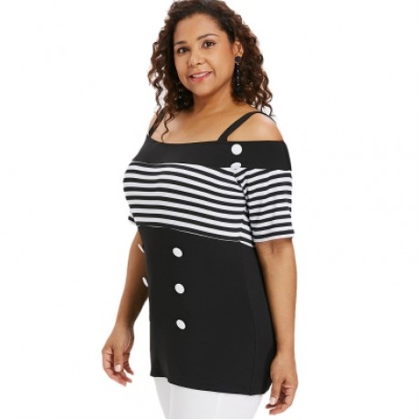 Plus Size Striped Longline T-shirt (BLACK)