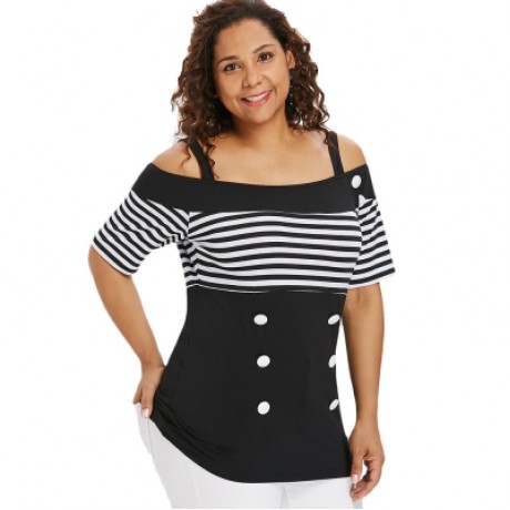Plus Size Striped Longline T-shirt (BLACK)