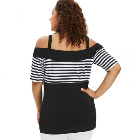 Plus Size Striped Longline T-shirt (BLACK)