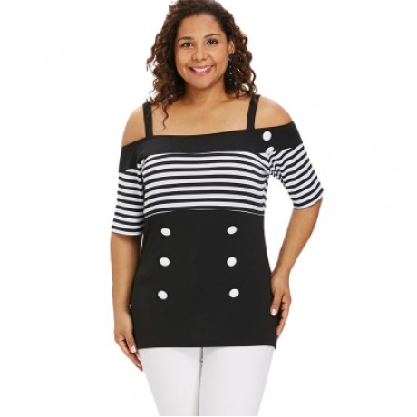 Plus Size Striped Longline T-shirt (BLACK)