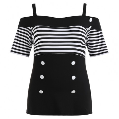 Plus Size Striped Longline T-shirt (BLACK)