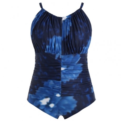 Plus Size Color Blocking Spaghetti Strap Ruched Swimwear (COBALT BLUE)