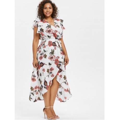 Plus Size Butterfly Sleeve Flower Dress (WHITE)