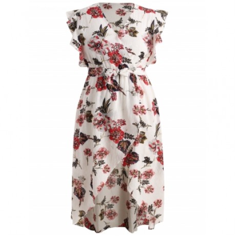 Plus Size Butterfly Sleeve Flower Dress (WHITE)