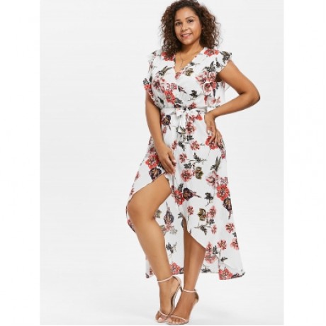 Plus Size Butterfly Sleeve Flower Dress (WHITE)