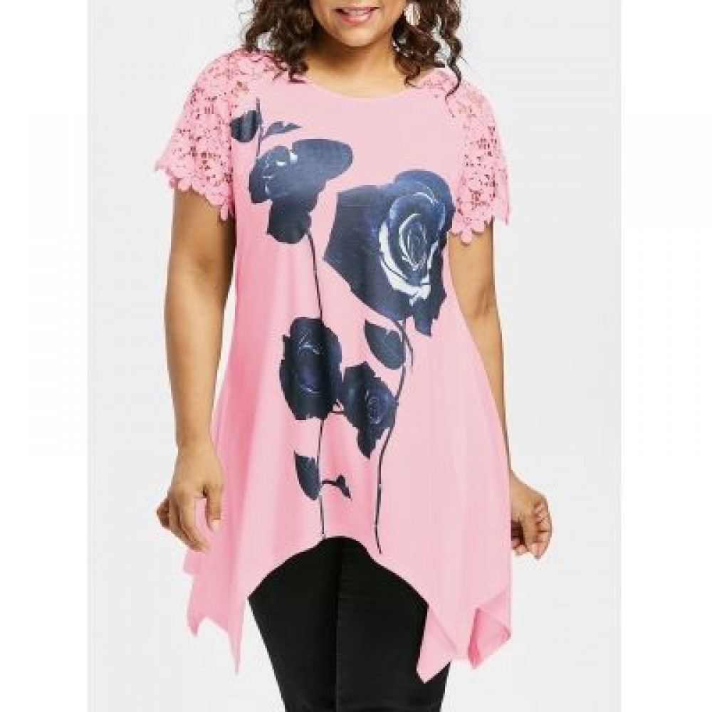 Plus Size Flower Pattern Lace Sleeve T-shirt (LIGHT PINK)