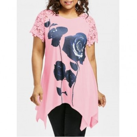 Plus Size Flower Pattern Lace Sleeve T-shirt (LIGHT PINK)