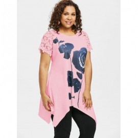 Plus Size Flower Pattern Lace Sleeve T-shirt (LIGHT PINK)