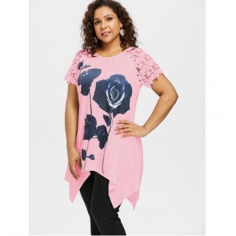 Plus Size Flower Pattern Lace Sleeve T-shirt (LIGHT PINK)