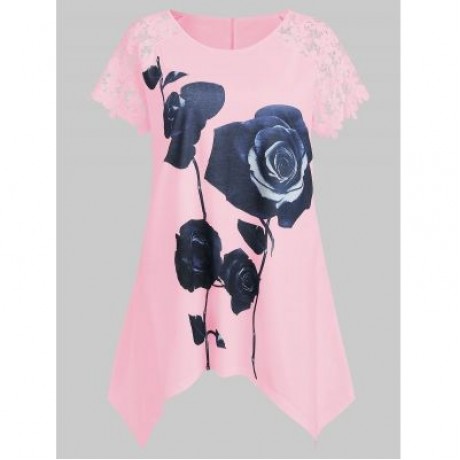 Plus Size Flower Pattern Lace Sleeve T-shirt (LIGHT PINK)