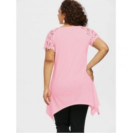 Plus Size Flower Pattern Lace Sleeve T-shirt (LIGHT PINK)