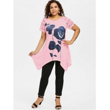 Plus Size Flower Pattern Lace Sleeve T-shirt (LIGHT PINK)