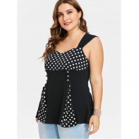 Plus Size Sweetheart Neck Polka Dot Insert T-shirt (BLACK)