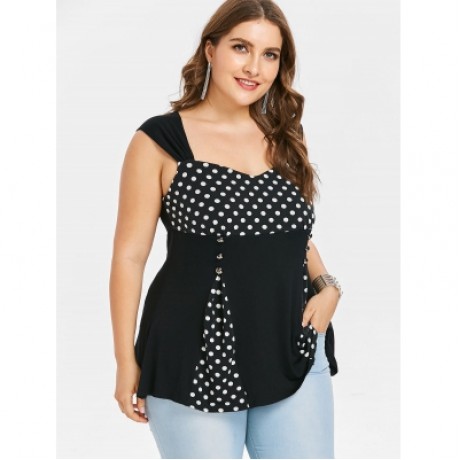 Plus Size Sweetheart Neck Polka Dot Insert T-shirt (BLACK)