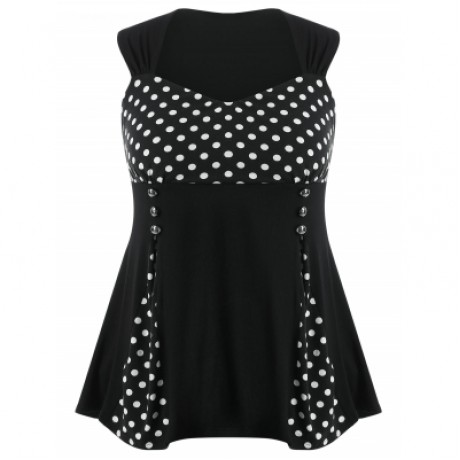Plus Size Sweetheart Neck Polka Dot Insert T-shirt (BLACK)