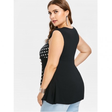 Plus Size Sweetheart Neck Polka Dot Insert T-shirt (BLACK)