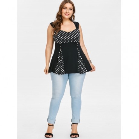 Plus Size Sweetheart Neck Polka Dot Insert T-shirt (BLACK)