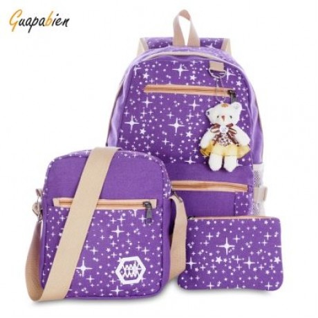 Guapabien 3pcs Canvas Printing Women Shoulder School Bag Cute Bear Backpack Wristlet (PURP