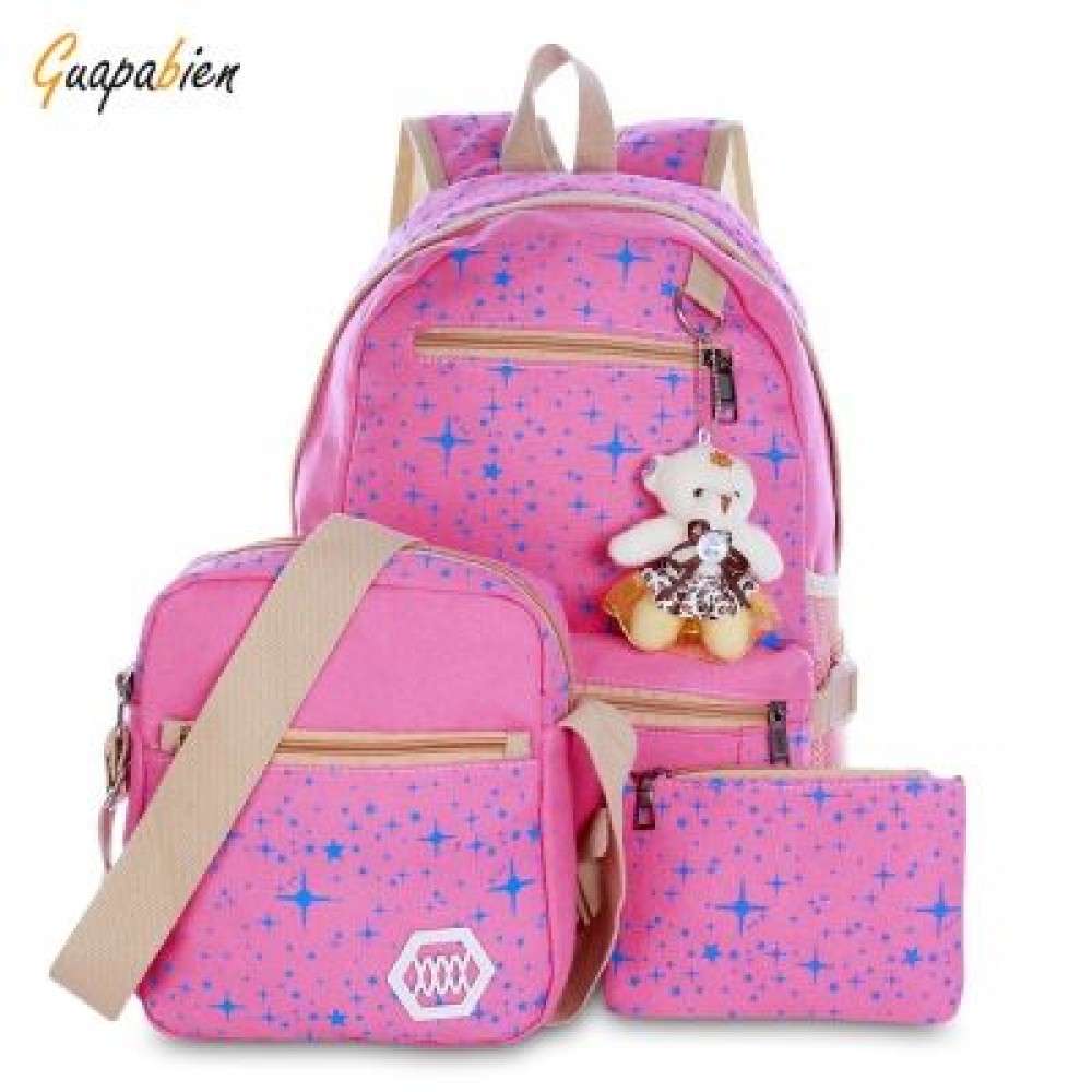 Guapabien 3pcs Canvas Printing Women Shoulder School Bag Cute Bear Backpack Wristlet (ROSE