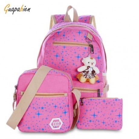 Guapabien 3pcs Canvas Printing Women Shoulder School Bag Cute Bear Backpack Wristlet (ROSE