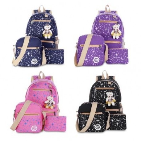 Guapabien 3pcs Canvas Printing Women Shoulder School Bag Cute Bear Backpack Wristlet (ROSE